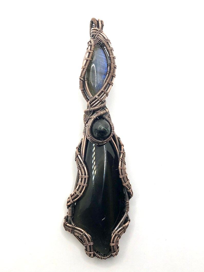 Mastering The Darkness That Lives Within Each Of Us in copper Rainbow Obsidian gemstone pendant with Labradorite and Nuummite