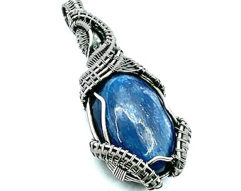 Blue Kyanite gemstone pendant with Herkimer Diamond wire wrapped in fine silver. Attunement