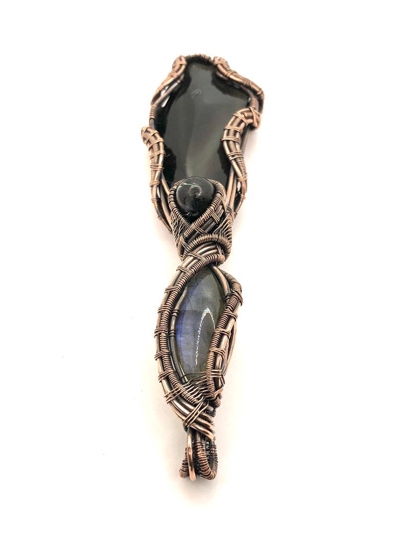 Mastering The Darkness That Lives Within Each Of Us in copper Rainbow Obsidian gemstone pendant with Labradorite and Nuummite