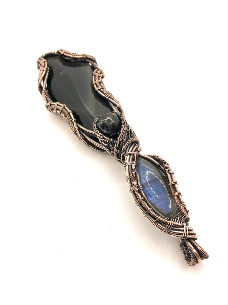 Mastering The Darkness That Lives Within Each Of Us in copper Rainbow Obsidian gemstone pendant with Labradorite and Nuummite