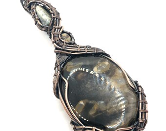 Petrified Wood gemstone pendant with Wavellite and Pietersite wire wrapped in copper. Clearing Ancestral Karma