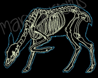 May include: A white skeletal deer with a blue outline, standing on a black background.