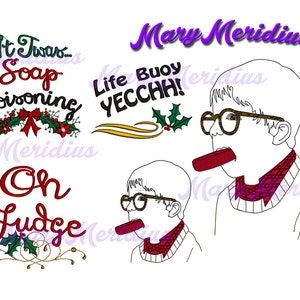 May include: An embroidery design featuring a Christmas-themed image of a boy with glasses and a red scarf, with the text "It Twas... Soap Poisoning", "Life Buoy YECCHH!" and "Oh Fudge" in red and green.