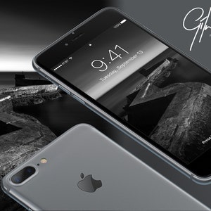 Puede incluir: Dos modelos de iPhone negros, uno con una foto en blanco y negro de una estructura de hormigón en la pantalla, el otro con la parte posterior plateada y un logotipo de Apple. El teléfono con la foto muestra la hora 9:41 y la fecha martes 13 de septiembre. El texto "Presiona el botón de inicio para desbloquear" es visible en la parte inferior de la pantalla.