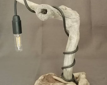 Unique driftwood table lamp with black wire