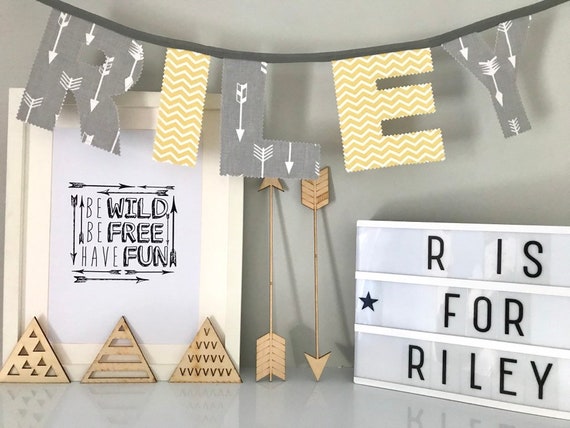 Personalised Arrow Bunting Grey Yellow Nursery Decor Child Bedroom Decor Boy Girl Baby Shower Christening Birthday Gift