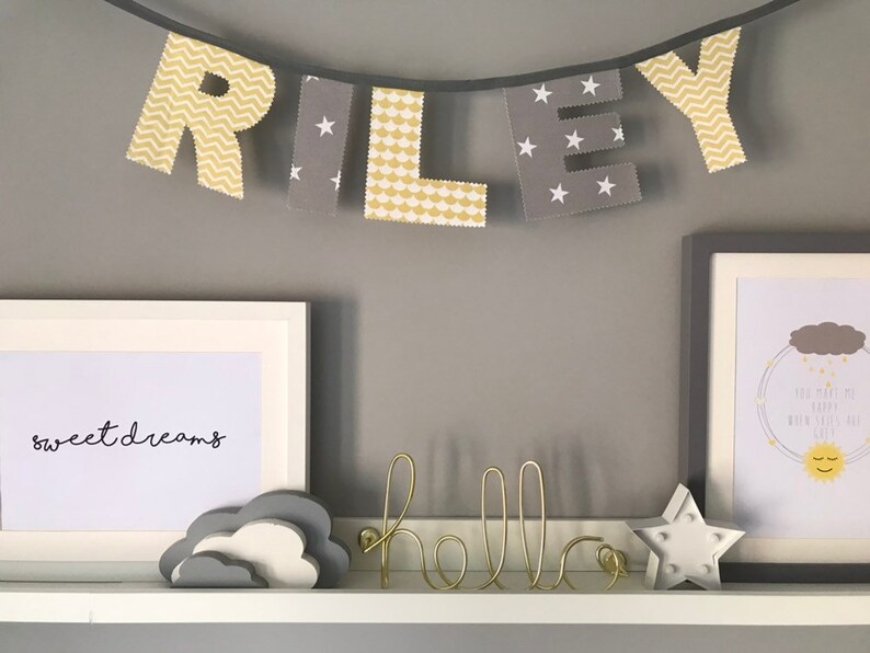 Personalised Bunting Grey Yellow Nursery Decor Baby Unisex Child Bedroom Decor Baby Shower Christening Birthday Gift Stars