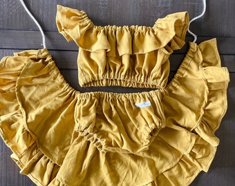 Girls boho mustard yellow skirt and ruffled top with bloomers