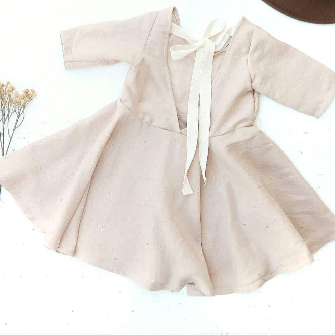 Girls toddler spring dress linen almond boho tan twirl w/ v | Etsy