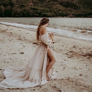 Women’s boho photography gown linen with raw ruffles train, light tan or soft white, off the shoulder and elastic waist