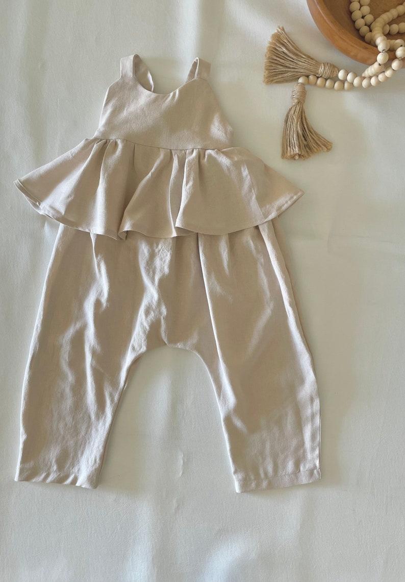 Girls boho romper linen tan, white, black with adjustable straps and ruffled waist, wide leg image 9