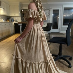 Girls boho dress for photography and client closet, off the the shoulder, elastic neckline and waist, train, raw edge ruffle image 7