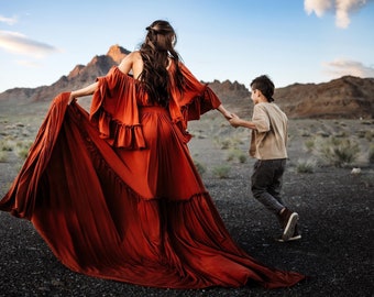 Womens Fotografie Kleid mit Bauern Glocke Rohkante Ärmel und Seitenschlitze, elastische Taille, Kunden Schrank Foto-Shooting-Kleid