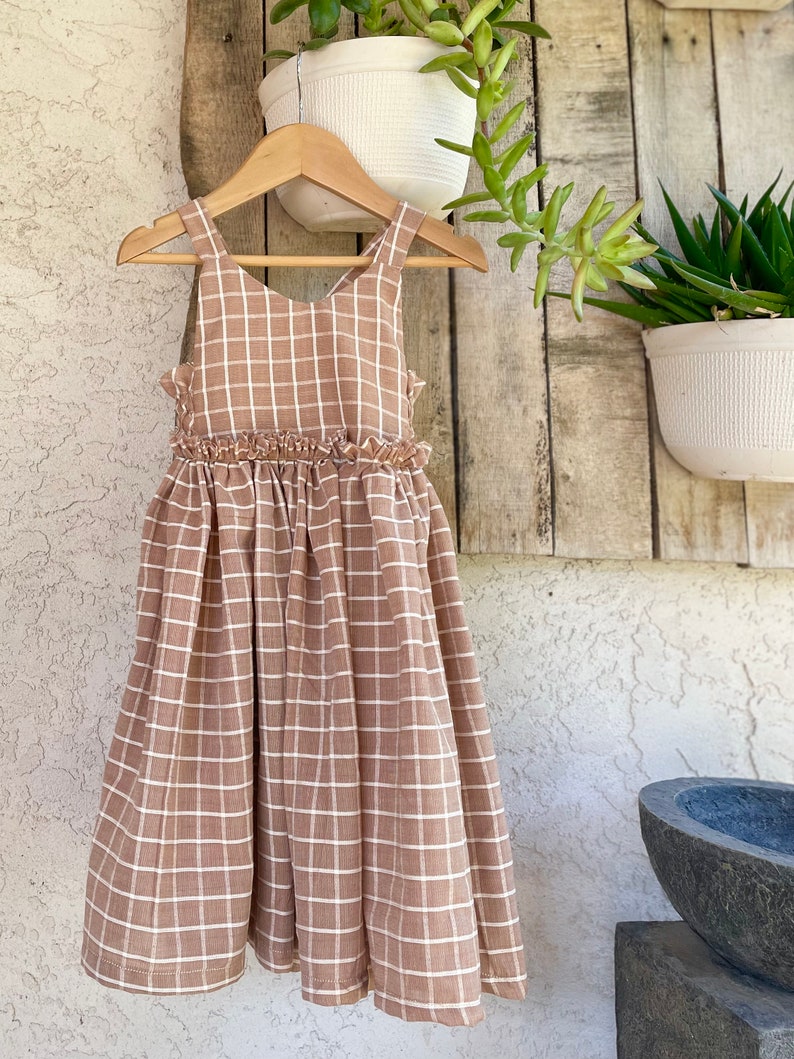 Girls fall boho dress mocha brown grid plaid image 6