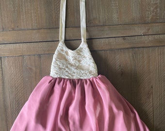 Girls boho pinafore dress light mauve w/linen bodice and white textured lace, 12m, 18m, 2t, 3t, 4t, 5t, 6t, 7yr, 8yr, 10yr, 12yr, 14yr