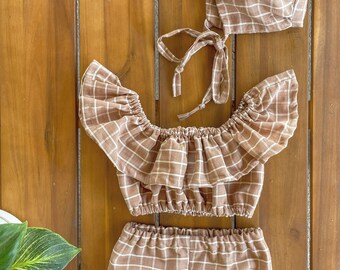 Girls boho brown 3 piece set, baby bonnet, ruffled top and bloomers, client closet