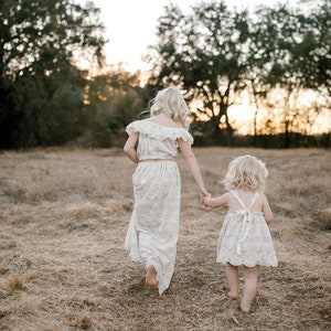 Girls boho crochet lace cream pinafore dress, or daisy tulle with fringe baby girls, flower girl wedding dress image 3