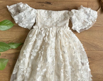 Girls toddler boho white 3d lace dress w/ elastic back & droop short sleeve 12 months, 18m, 2t, 3t, 4t, 5t, 6t, 7yr, 8yr, 10yr, 12