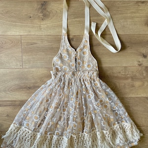 Girls boho crochet lace cream pinafore dress, or daisy tulle with fringe baby girls, flower girl wedding dress Daisy tulle