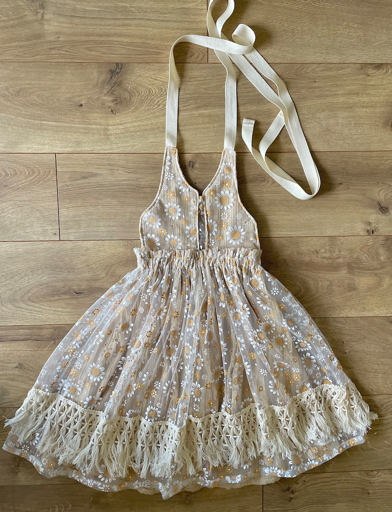 Girls boho crochet lace cream pinafore dress, or daisy tulle with fringe baby girls, flower girl wedding dress Daisy tulle
