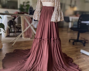 Floral folk chiffon and chocolate brown rayon gown, photography, client closet, peasant sleeve with ruffles and side slit
