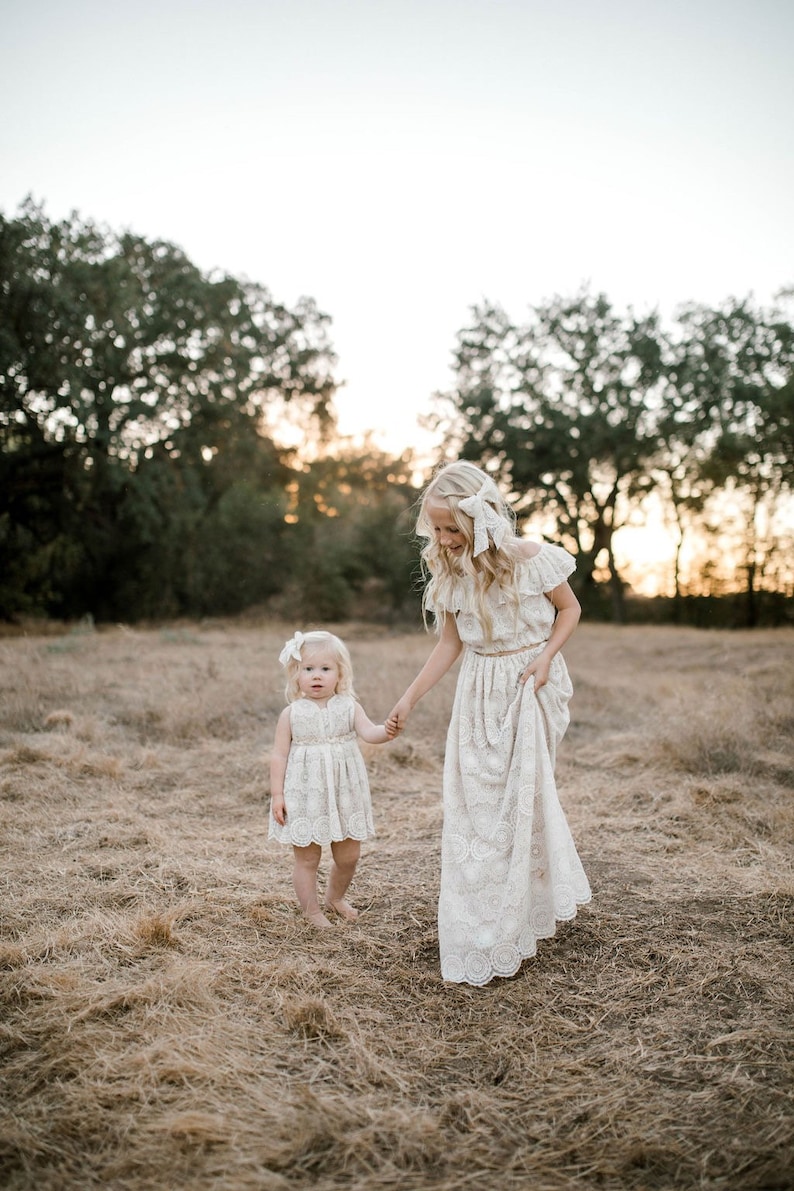 Girls boho crochet lace cream pinafore dress, or daisy tulle with fringe baby girls, flower girl wedding dress image 2