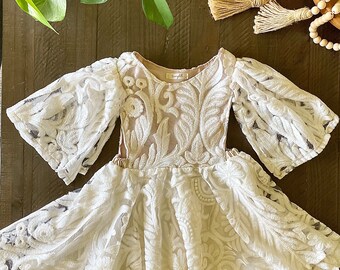 Girls white dress embroidered boho lace, flower girl, client closet, photography dress