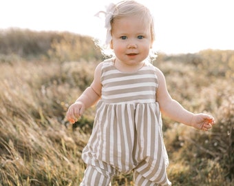 Girls toddler romper tan & white stripe knit w/adjustable tie back straps, boho, newborn, 3 month, 6m, 9m, 12m, 18m, 2t, 3t, 4t, 5t, 6t, 7yr