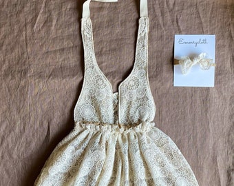 Girls boho crochet lace cream pinafore dress, or daisy tulle with fringe baby girls, flower girl wedding dress