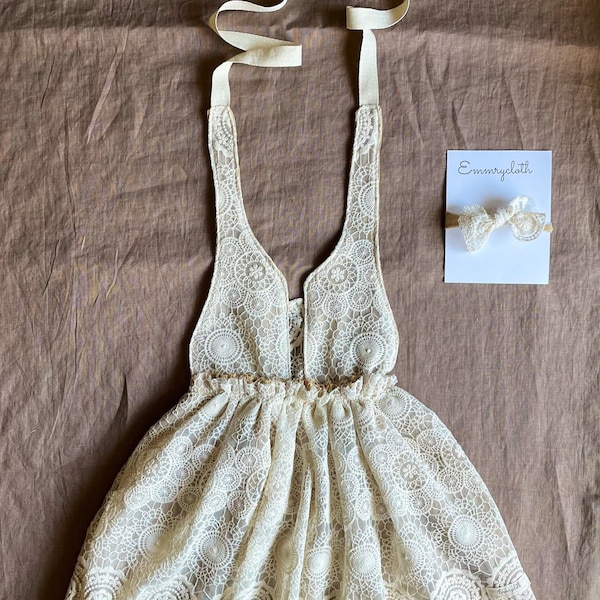 Girls boho crochet lace cream pinafore dress, or daisy tulle with fringe baby girls, flower girl wedding dress