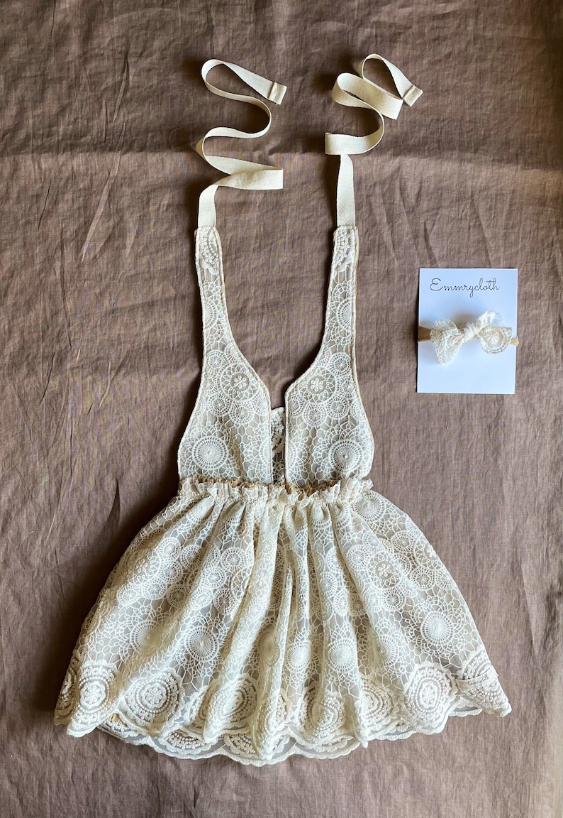 Girls boho crochet lace cream pinafore dress, or daisy tulle with fringe baby girls, flower girl wedding dress image 1