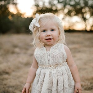 Girls boho crochet lace cream pinafore dress, or daisy tulle with fringe baby girls, flower girl wedding dress image 4