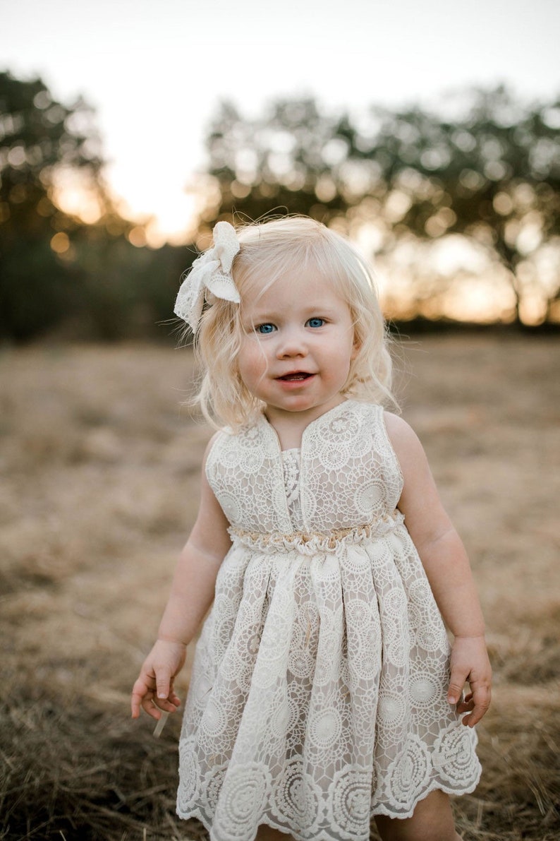 Girls boho crochet lace cream pinafore dress, or daisy tulle with fringe baby girls, flower girl wedding dress image 4