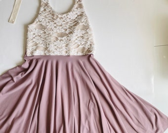 Girls boho pinafore dress mauve purple knit w/linen bodice and white textured lace, 12m, 18m, 2t, 3t, 4t, 5t, 6t, 7yr, 8yr, 10yr, 12yr, 14yr