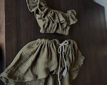 Olive green gauze skirt, top and bloomers