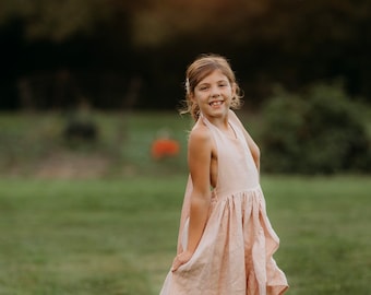 Girls boho dress, dusty pink linen flower girl wedding dress pinafore high low w/ruffles that open up and bloomers, light tan and white