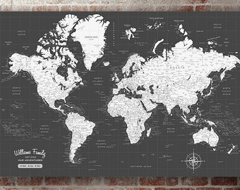 World Travel Map Push Pin, Canvas Wall Art - Ready To Hang, Sizes 36x24, 40x27, 47x31