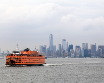 New York Skyline Wall Art, Staten Island Ferry, NY Wall Art, Staten Island, NY Photography, New York Harbor, Nautical Decor, Orange, Blue