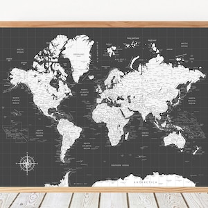 Grey Push Pin World Map, Custom Travel Map, Push Pin Map, Travel Gifts, World Map Push Pin, Handmade Wood Frame 43x33&quot; - Ready to Hang