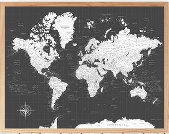 Grey Push Pin World Map, Custom Travel Map, Push Pin Map, Travel Gifts, World Map Push Pin, Handmade Wood Frame 43x33" - Ready to Hang