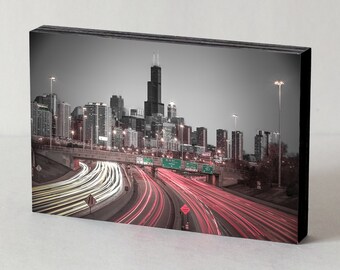 Chicago Skyline Print on Wood, Desk Decor, Wall Art, Car Lines - Long Exposure Photo, Chicago Wall Art, 4x6 5x5 5x7 8x8 8x12 12x12 12x18"