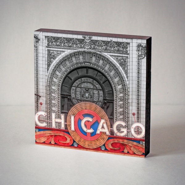 Chicago Desk Art, Chicago Theatre Neon Sign, Print Mounted on Wood Panel, Chicago Wall Art, Ready to Hang, Architecture Photo, 5x5 8x8 12x12