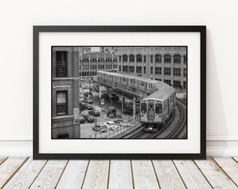MARCO 14x18'' o 18x24" con doble estera e impresión " CTA L-Train ", Chicago Cta L Train Photography, B&W Chicago Wall Art, Chicago Decor