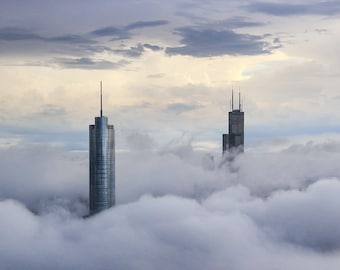 Chicago Photography, Chicago Wall Art, Skyscrapers Over Clouds, Dreamy Scenery, Wall Art Gift, Large Canvas Decor, Photo Mounted on Wood