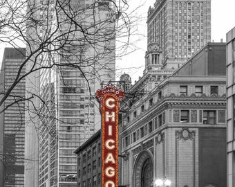 B&W Chicago Theatre Photo Art, Chicago Photography, Chicago Theatre on Canvas, Red Neon Sign, Illinois Photography, Black and White Chicago