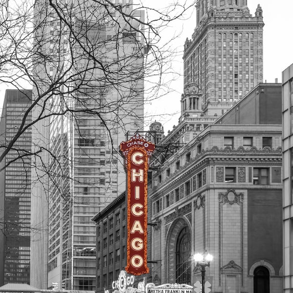 B&W Chicago Theatre Photo Art, Chicago Photography, Chicago Theatre on Canvas, Red Neon Sign, Illinois Photography, Black and White Chicago