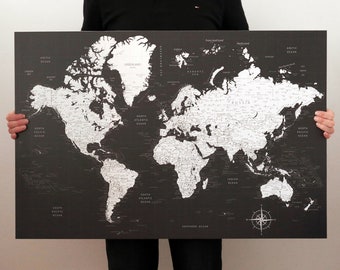 Push Pin World Map Foam Board Mounted, Large Travel Map, Customized, 40x30, 24x36, 16x24