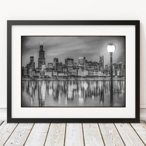 B&W Chicago Photography, Chicago Skyline, Chicago Skyscrapers Lake Reflection, Chicago Decor, Black and White Photo Art, Scenic Chicago image 2