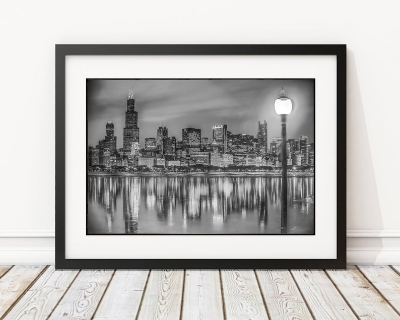 B&W Chicago Photography, Chicago Skyline, Chicago Skyscrapers Lake Reflection, Chicago Decor, Black and White Photo Art, Scenic Chicago image 2