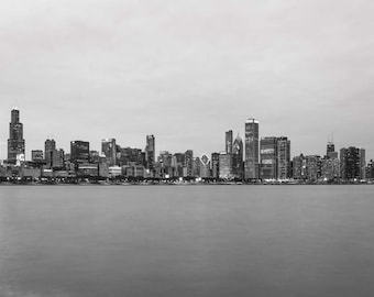 Chicago Skyline Photography, B&W Chicago, Panoramic City Skyline, Office Art, Chicago Canvas, Skyline Canvas, Chicago Wall Art, Cityscape